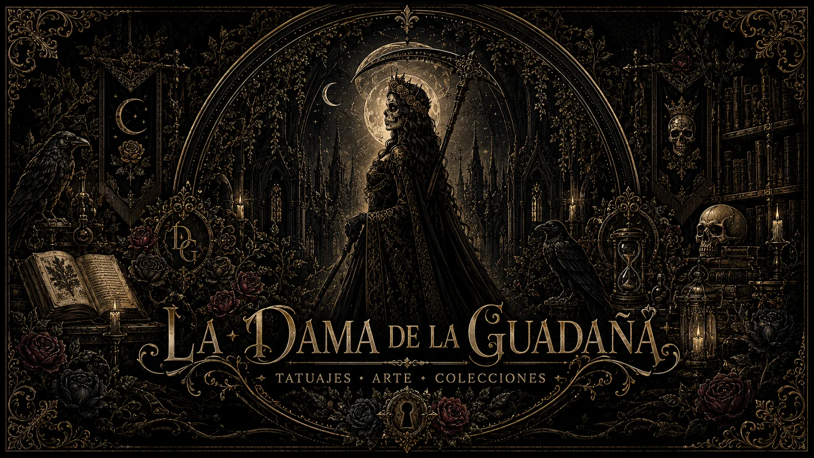 La Dama, creadora del Archivo, con su guadaña y su farol